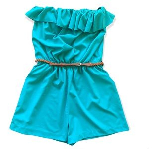 Papaya | Sleeveless Ruffle Top Turquoise Romper sz M